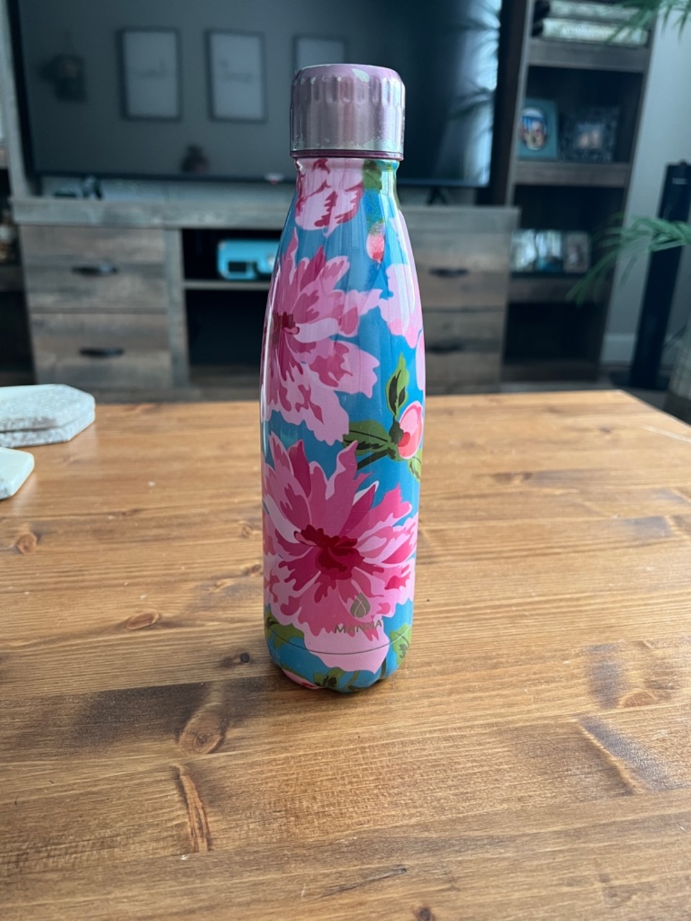 Floral Pink & Blue Insulated Water Bottle - Reusable Thermos